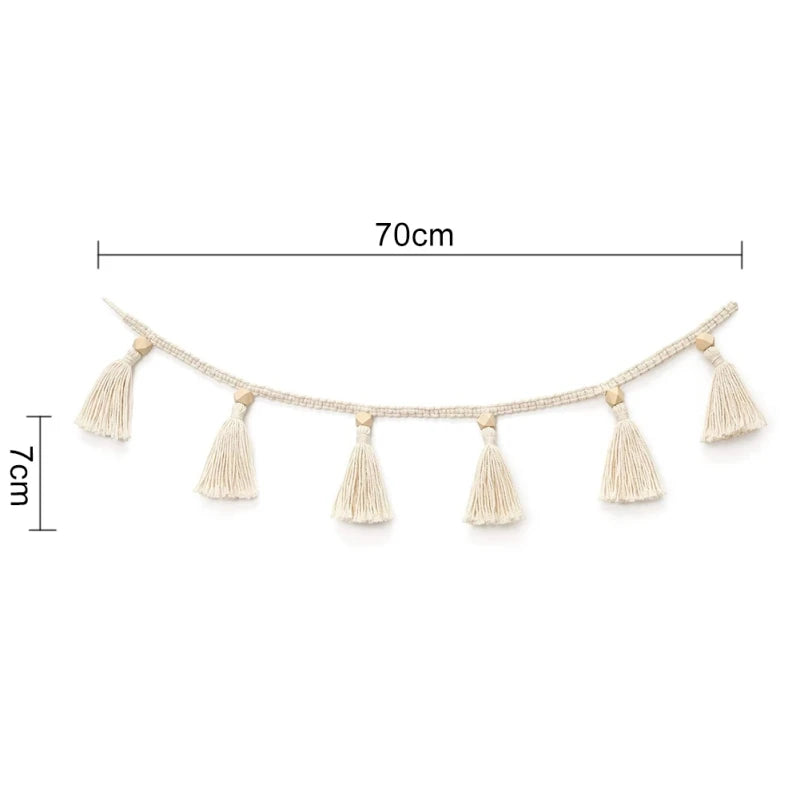 Macrame Hand Woven Tassel Belly Basket with Cotton Garland and Wooden Beads