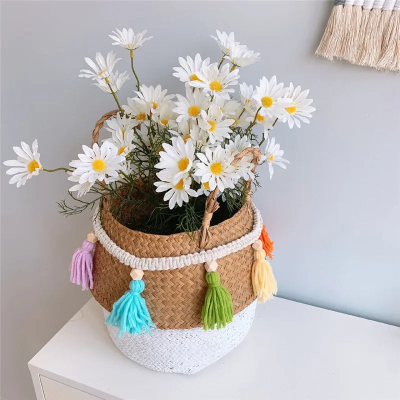 Macrame Hand Woven Tassel Belly Basket with Cotton Garland and Wooden Beads