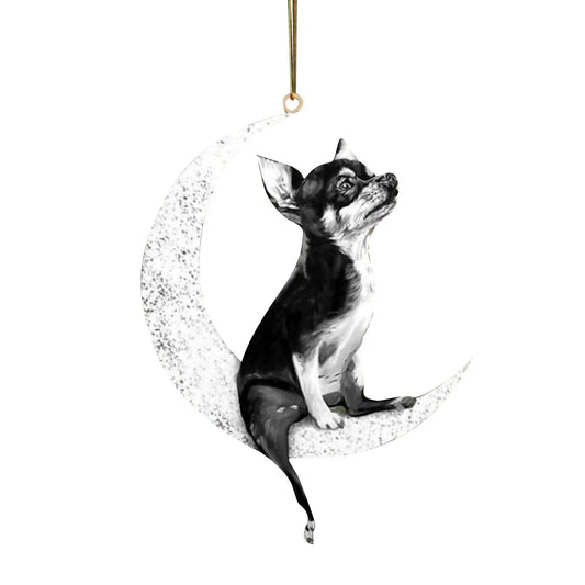 Wooden Christmas Dog Sitting On The Moon Hanging Pendant