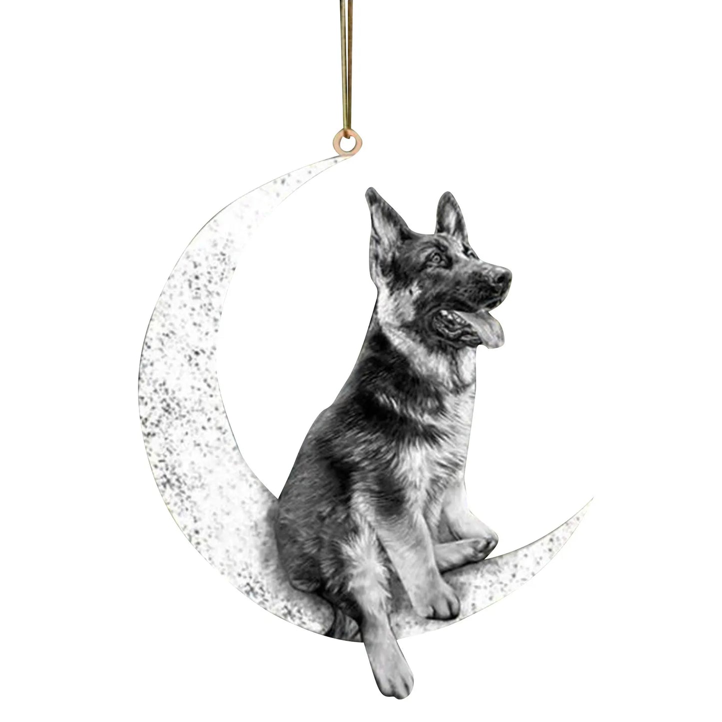 Wooden Christmas Dog Sitting On The Moon Hanging Pendant