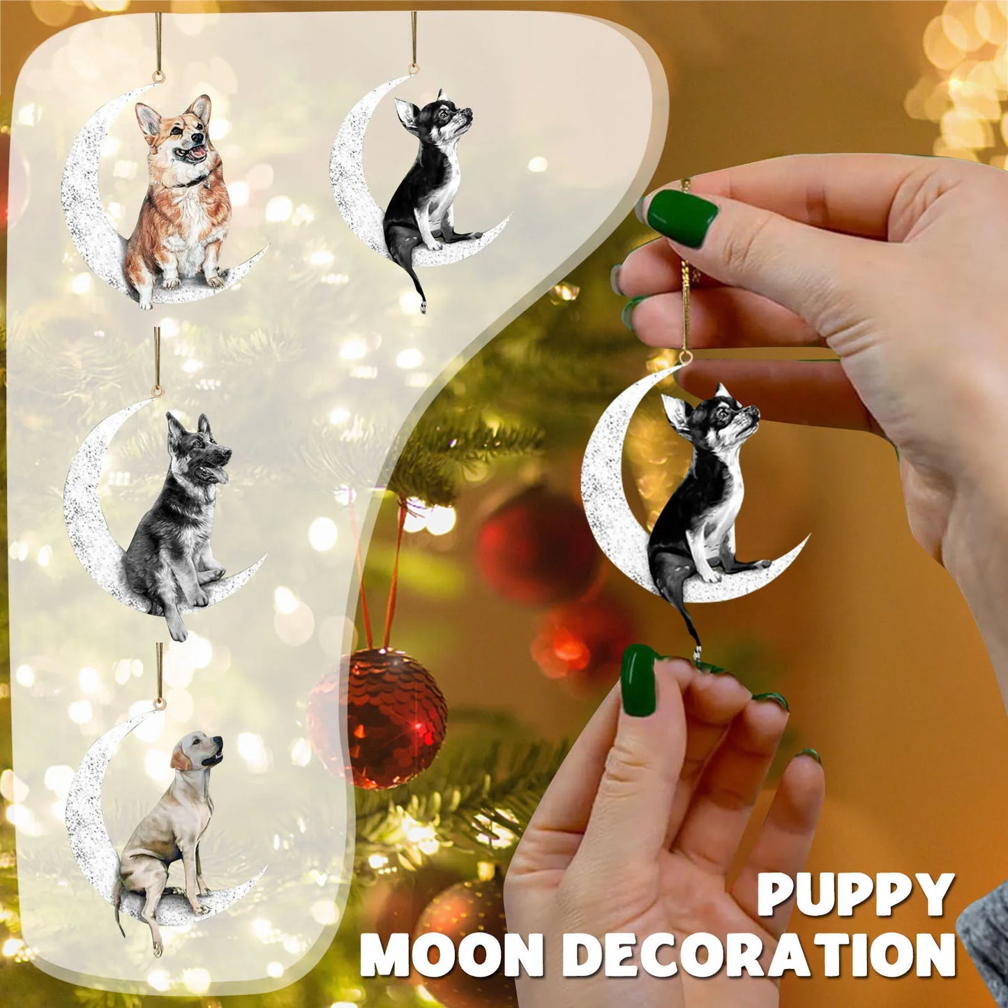 Wooden Christmas Dog Sitting On The Moon Hanging Pendant