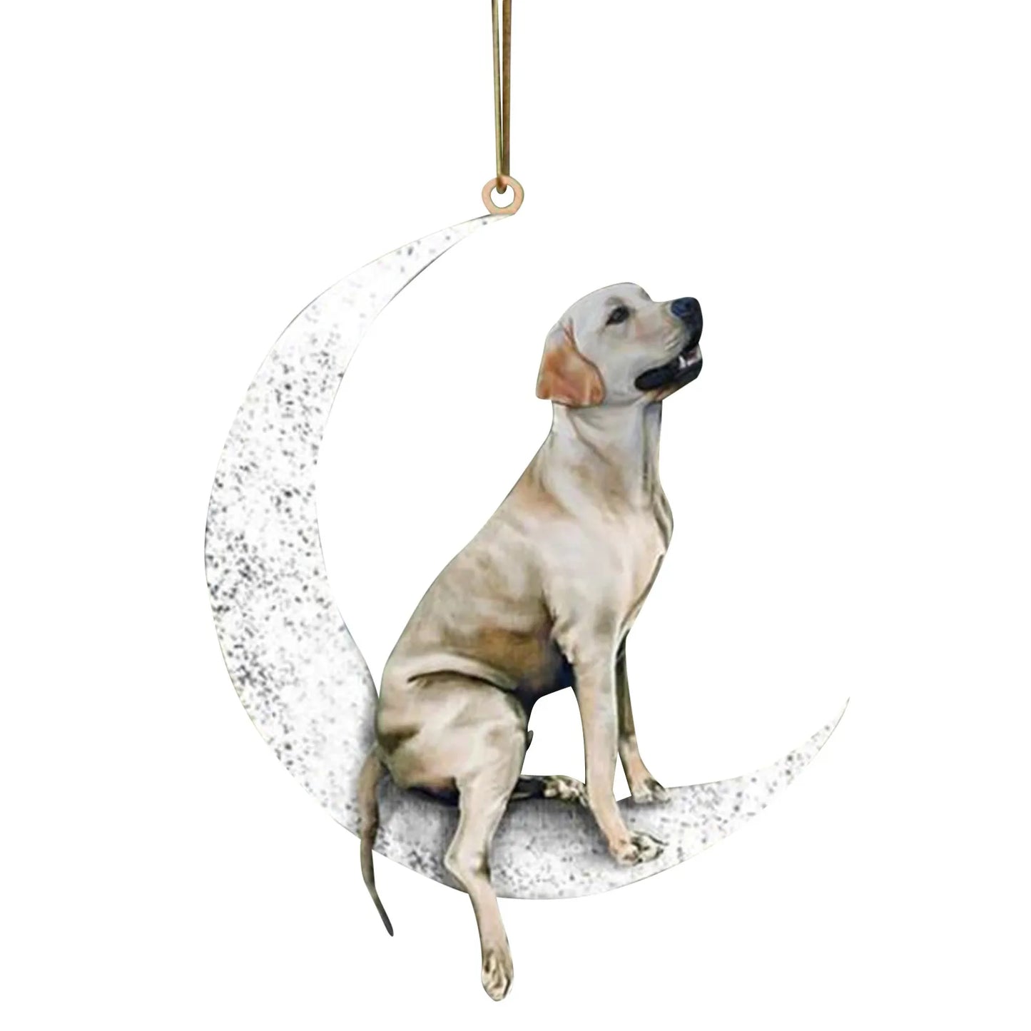 Wooden Christmas Dog Sitting On The Moon Hanging Pendant