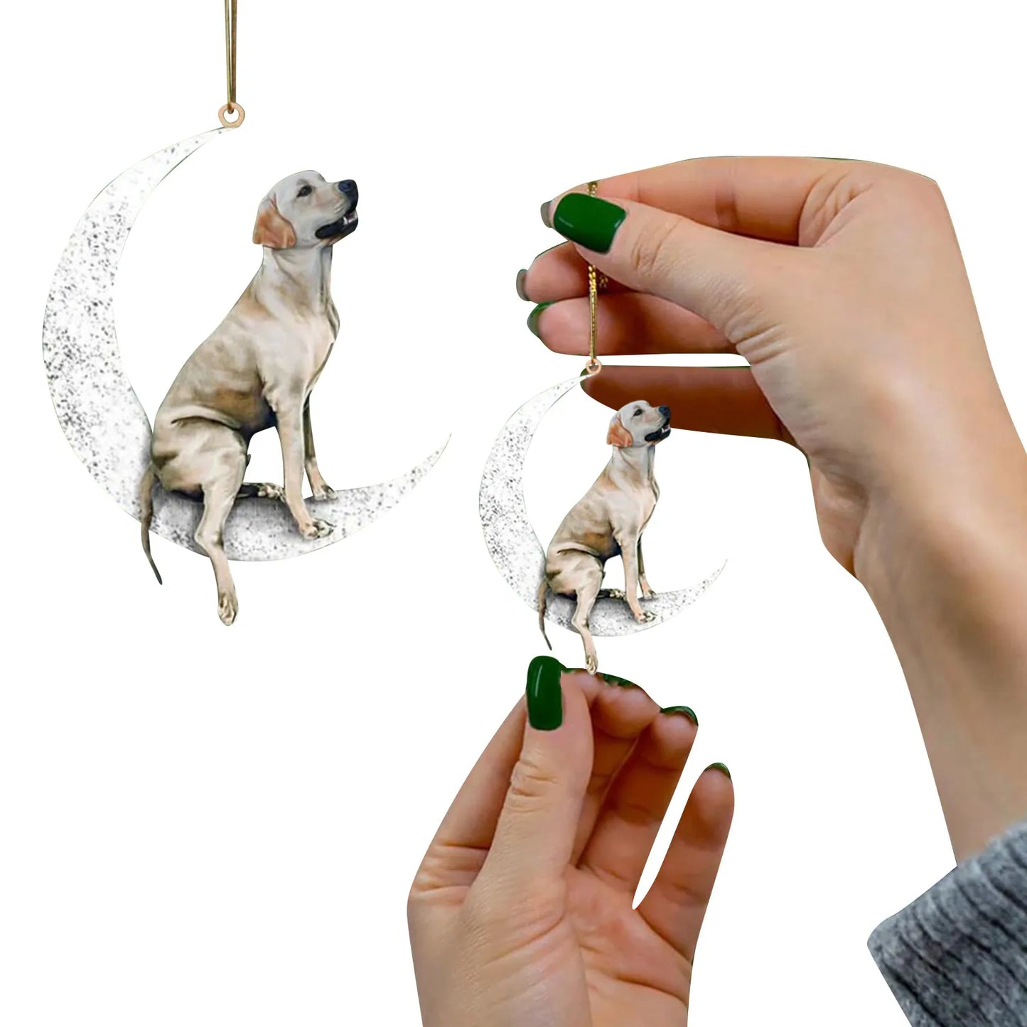 Wooden Christmas Dog Sitting On The Moon Hanging Pendant