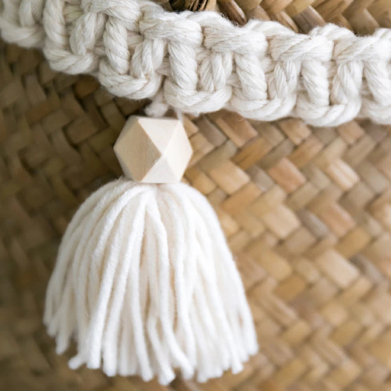 Macrame Hand Woven Tassel Belly Basket with Cotton Garland and Wooden Beads