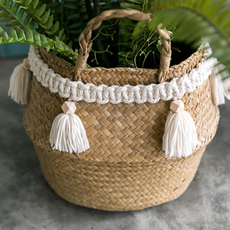 Macrame Hand Woven Tassel Belly Basket with Cotton Garland and Wooden Beads