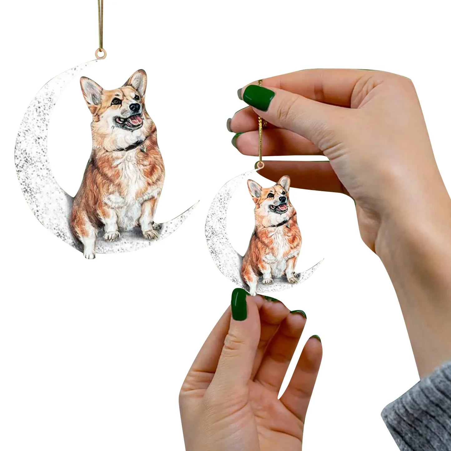 Wooden Christmas Dog Sitting On The Moon Hanging Pendant