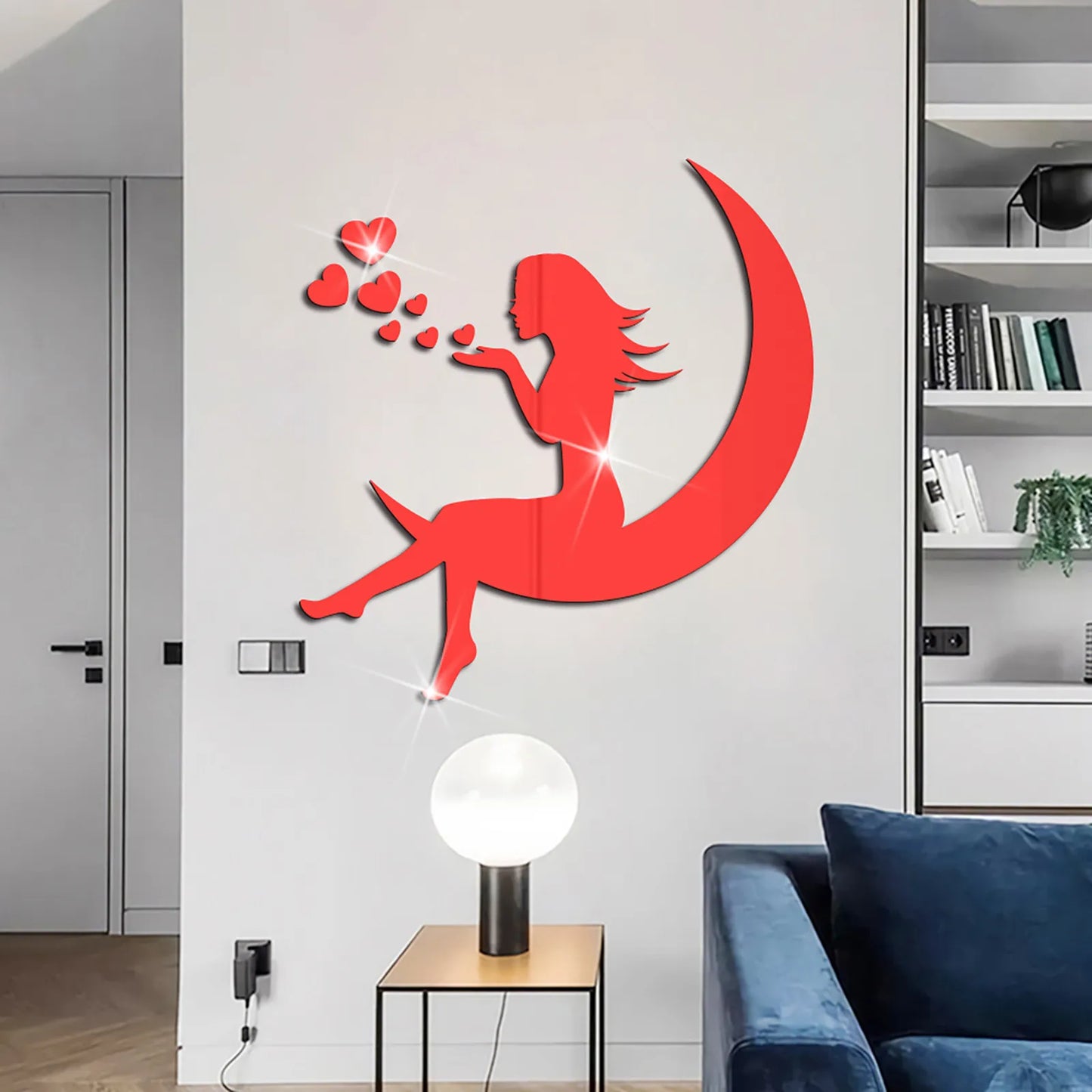 3D Girls Moon and Hearts Mirror Wall Stickers