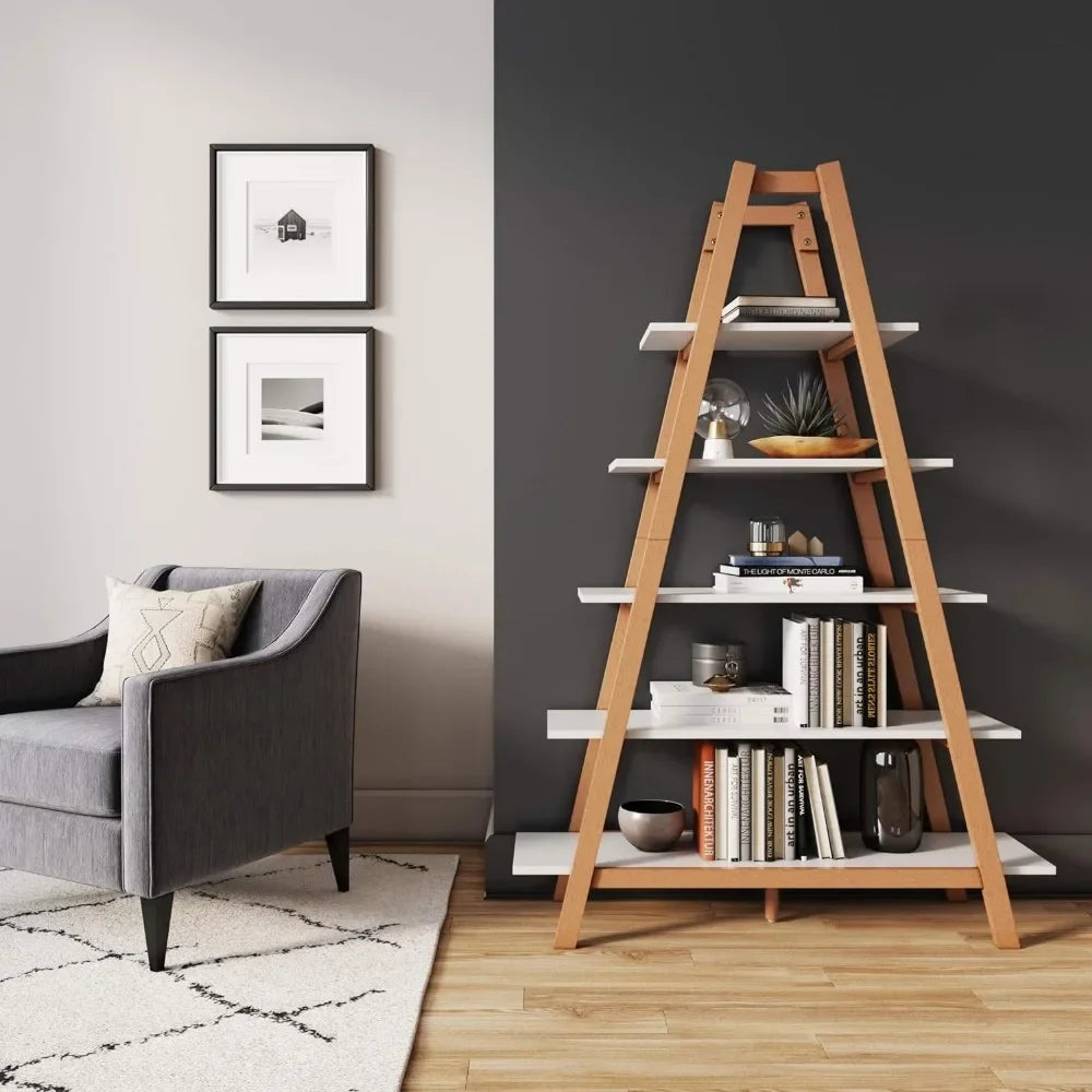 Decorative Storage Rack With White and Rove Brown Wooden Ladder Shelves