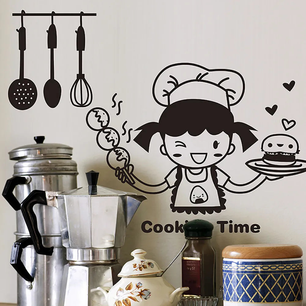 Cartoon Girl Cooking Kitchen Wall Sticker