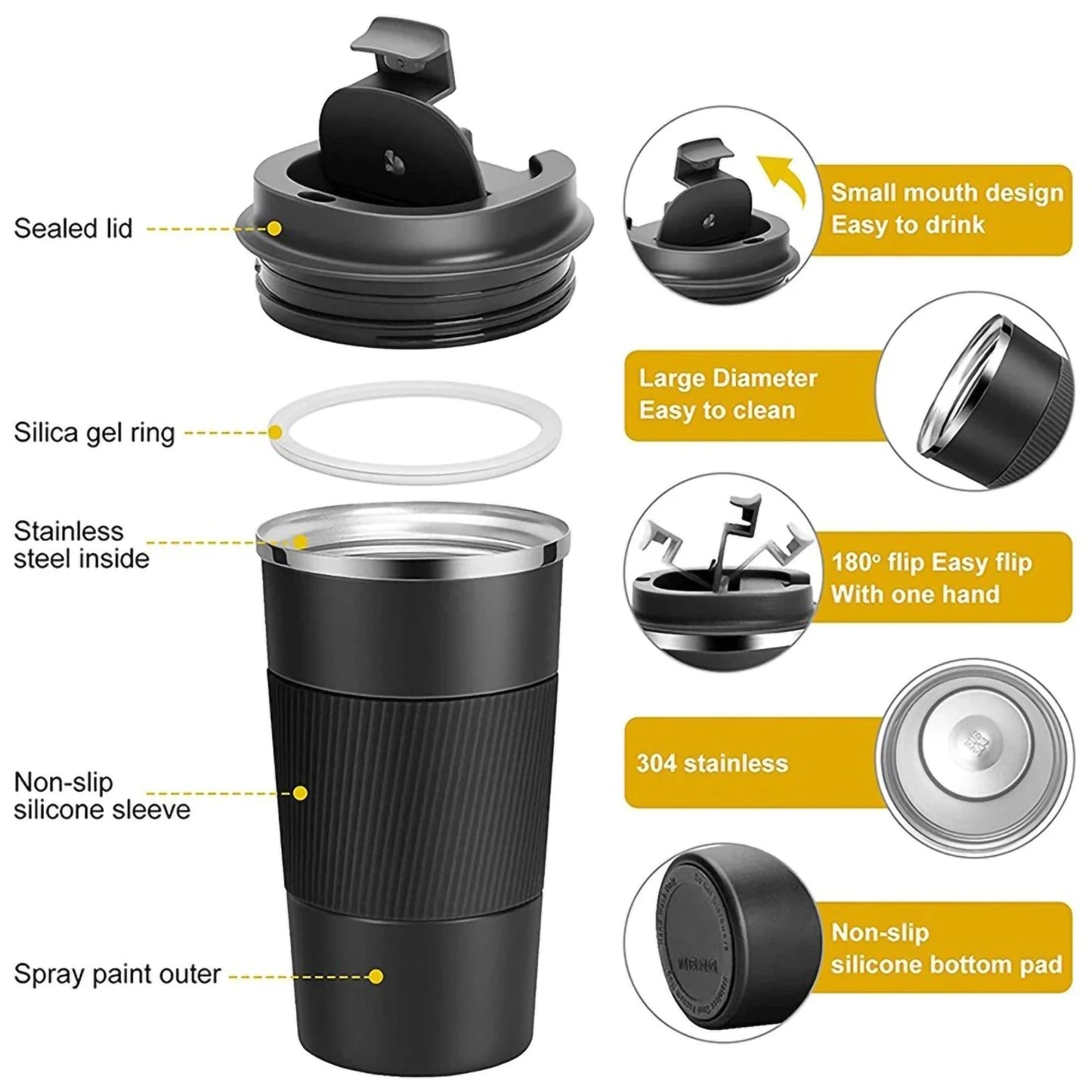 380 Ml /510 Ml Stainless Steel Coffee Cups Leak-Proof Non-Slip Thermal Mug