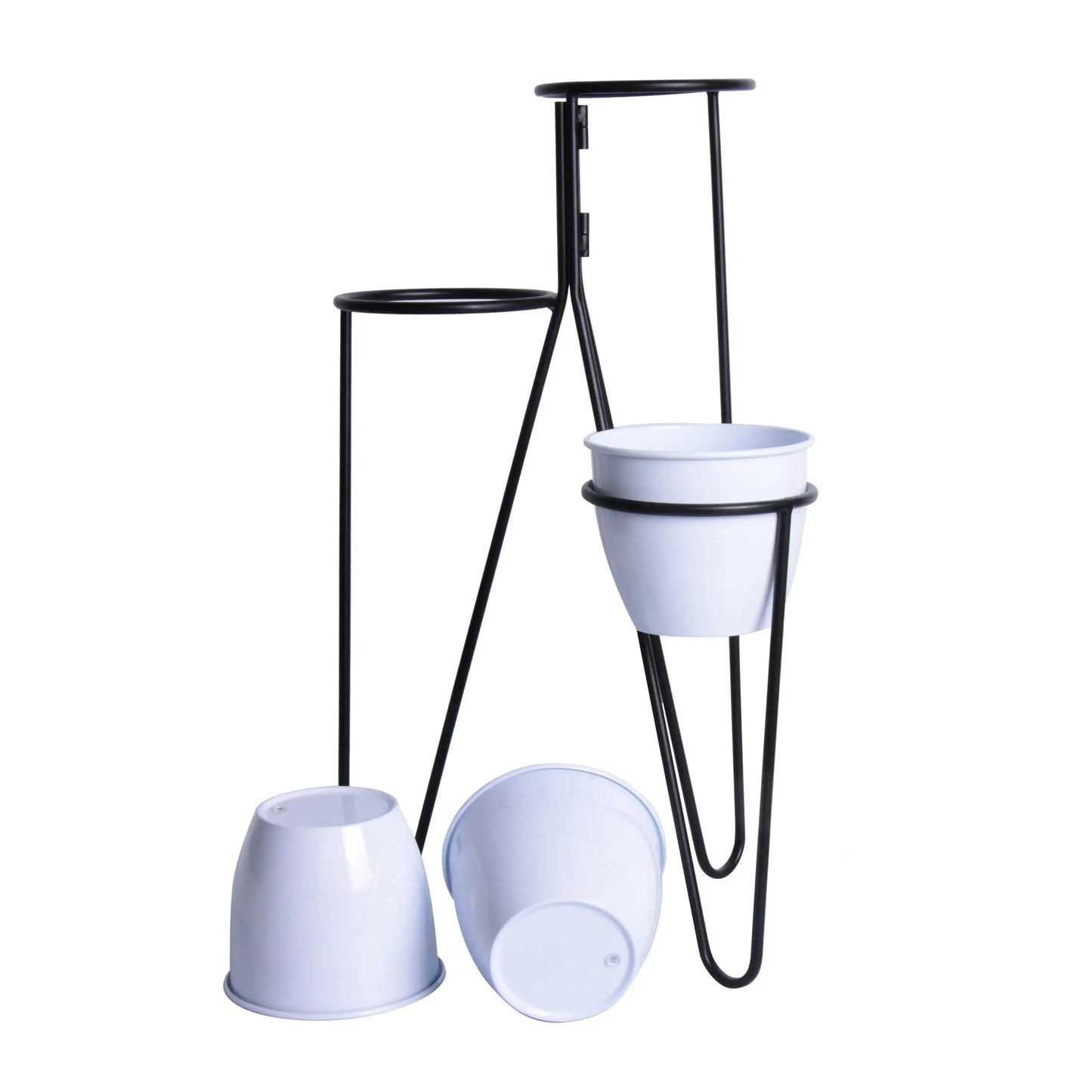 Triple Level White Round Plain Metal Planters with Black Metal Plant Stand, Plants Not Included