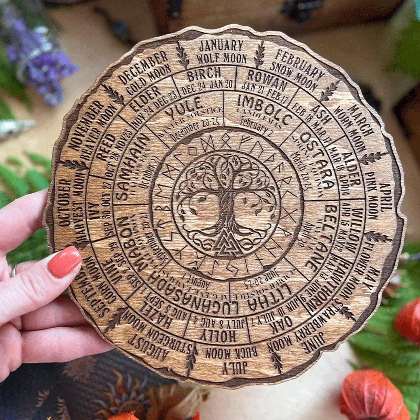 Engraved Wheel Of The Year Calendar Round Shape