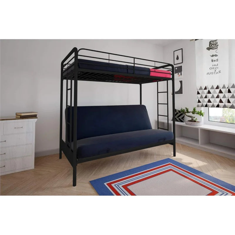 Twin over Futon Metal Bunk Bed, Black