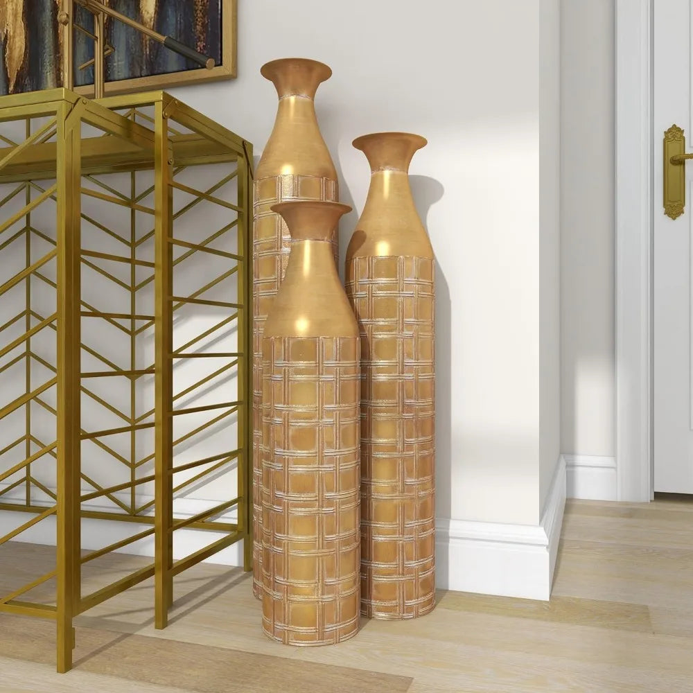 Etched Gold Tall Flower Vase, Set of 3