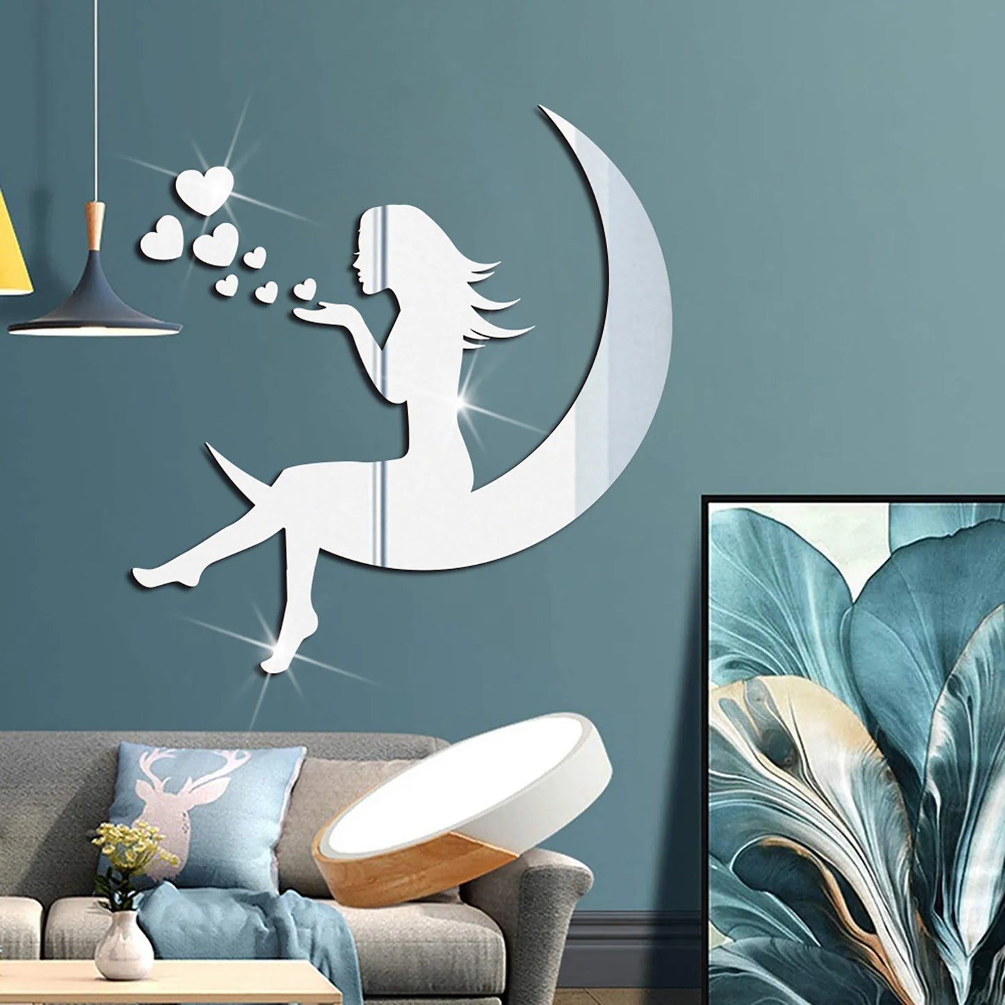 3D Girls Moon and Hearts Mirror Wall Stickers