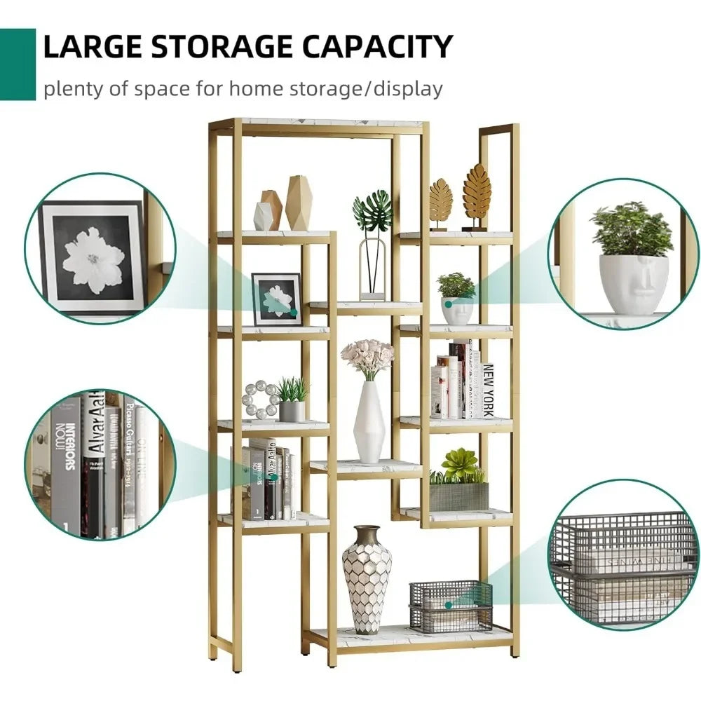 6 Tier Gold Free Standing Bookshelf, 71,”  Tall With 12 Shelf Bookcase