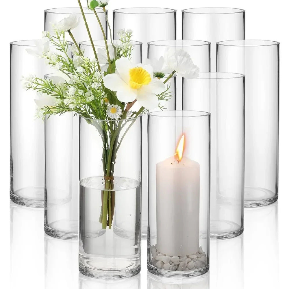 12 Pack Clear Glass Cylinder Vases Set        Clear Flower Vase Tall Floating Candle Holders Bulk for Centerpiece Table Home Room Decor