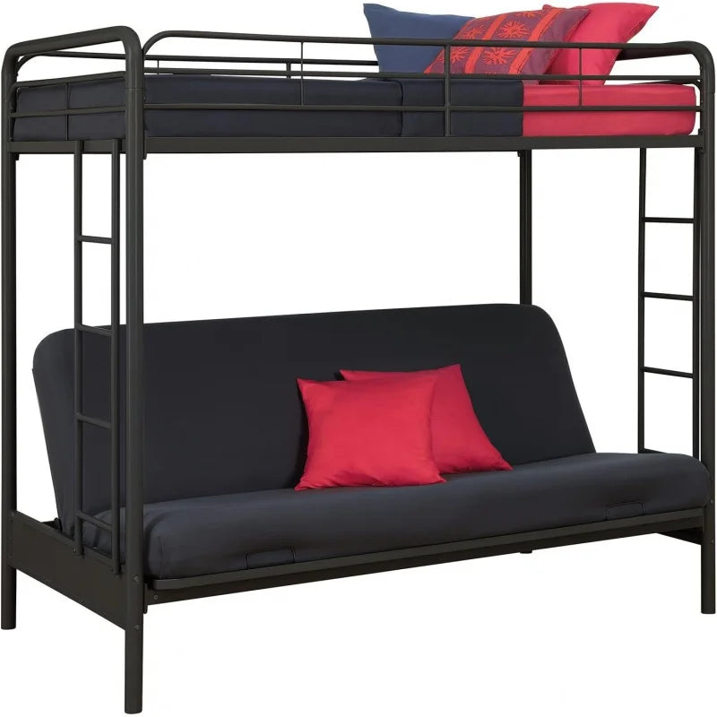 Twin over Futon Metal Bunk Bed, Black