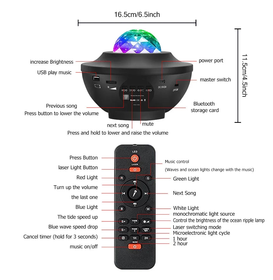 New Sky-high star laser projector lamp atmosphere lamp Bluetooth music USB flame bowl-shaped water lamp night light