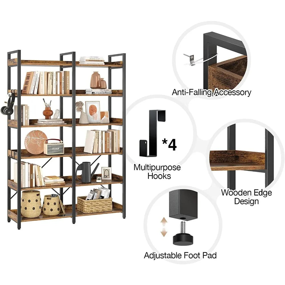 Bookcases  6 Tier with 4 Hooks, 69” Industrial Wooden