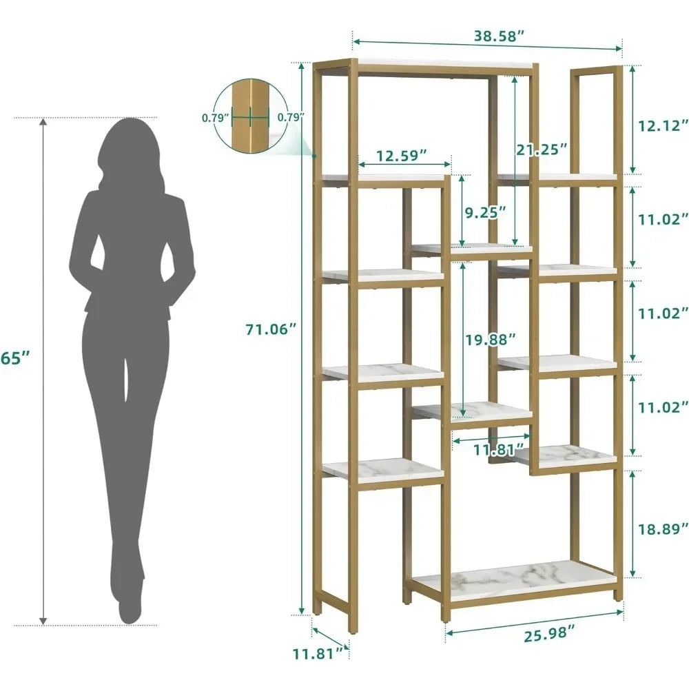 6 Tier Gold Free Standing Bookshelf, 71,”  Tall With 12 Shelf Bookcase