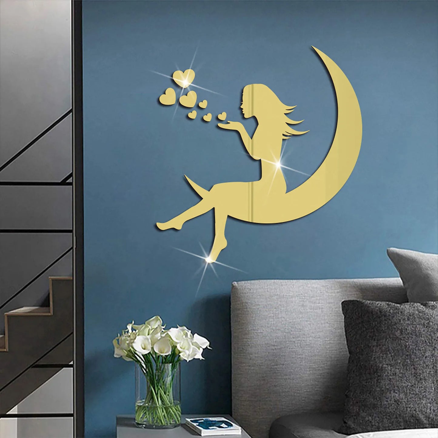 3D Girls Moon and Hearts Mirror Wall Stickers