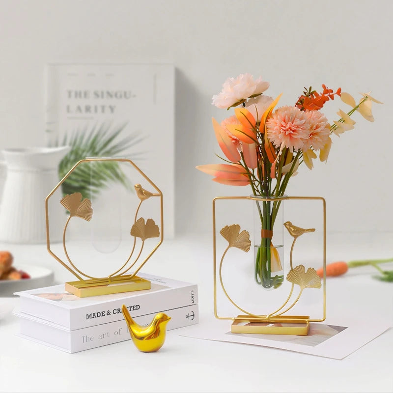 Golden Glass Test Tube Flower Vase with Flowers