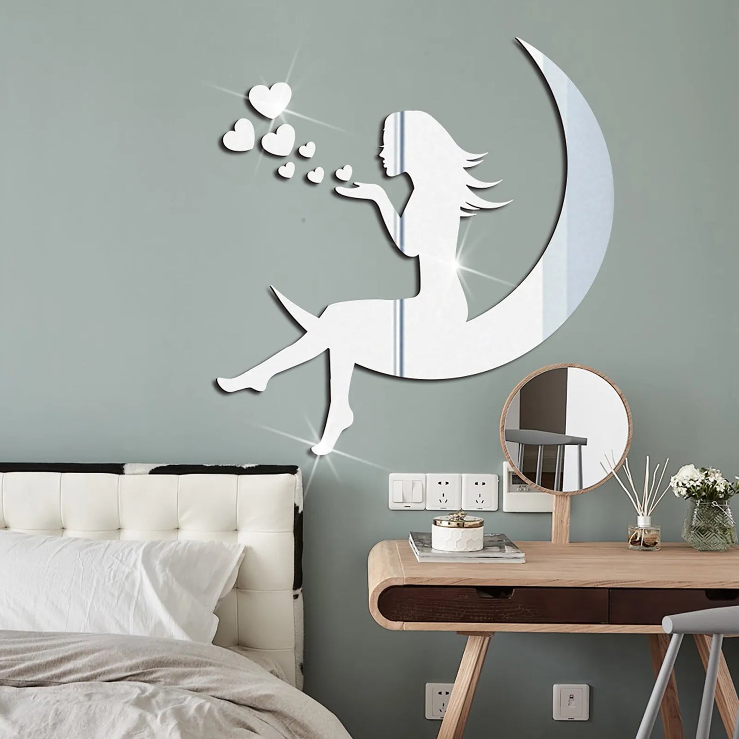 3D Girls Moon and Hearts Mirror Wall Stickers