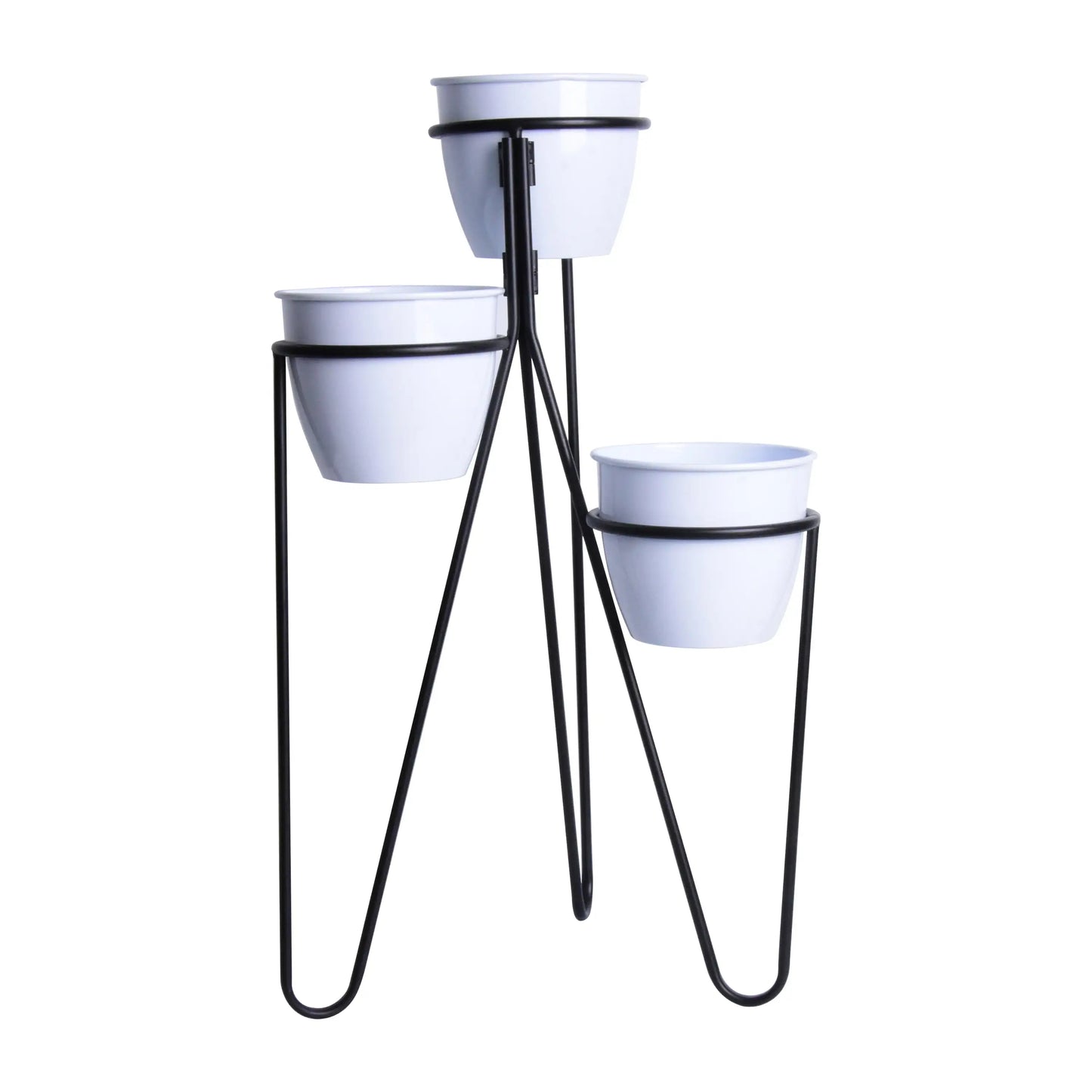 Triple Level White Round Plain Metal Planters with Black Metal Plant Stand, Plants Not Included