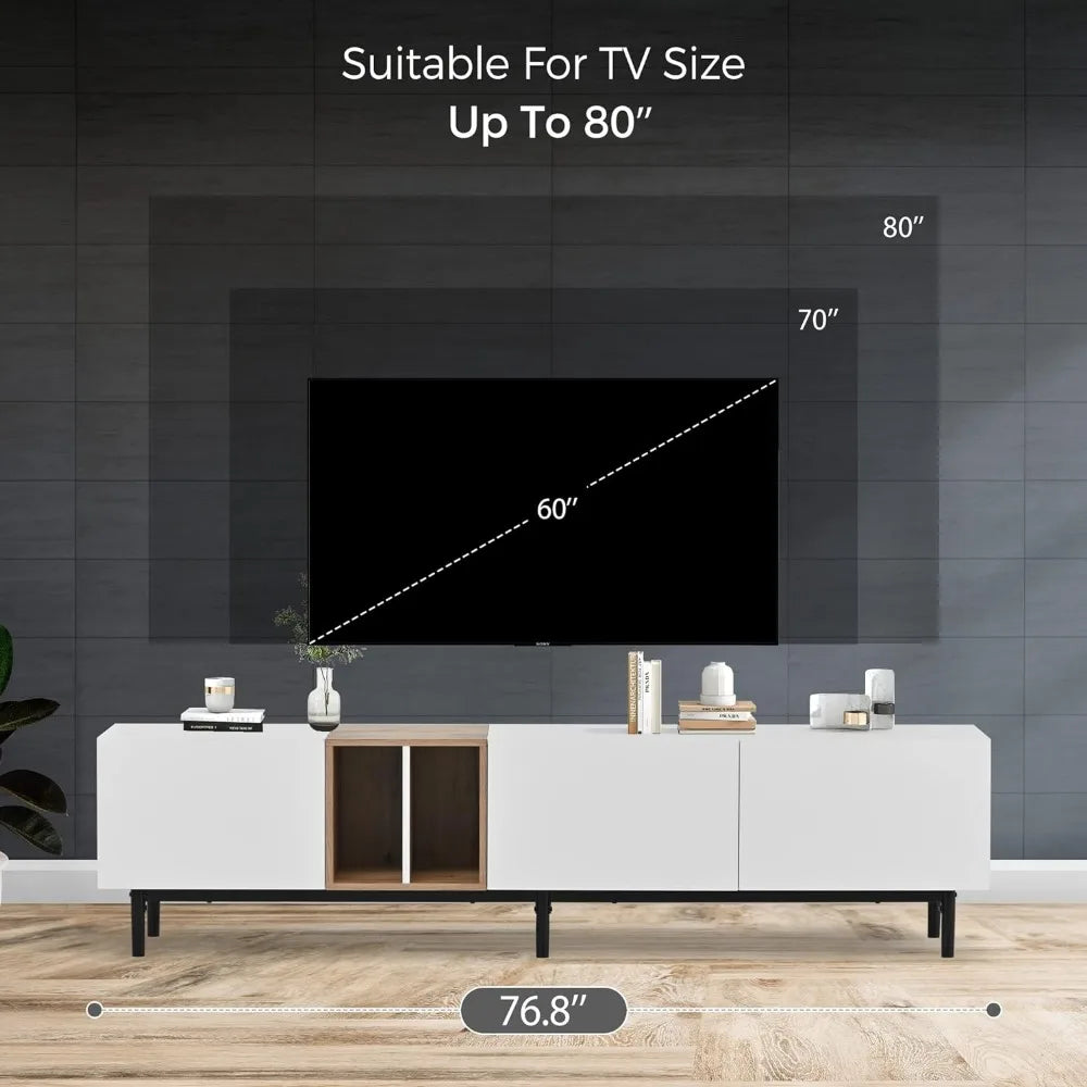 Modern TV Stand for 80 Inch,3 Cabinets & Open Shelves,Console Table Media Cabinet