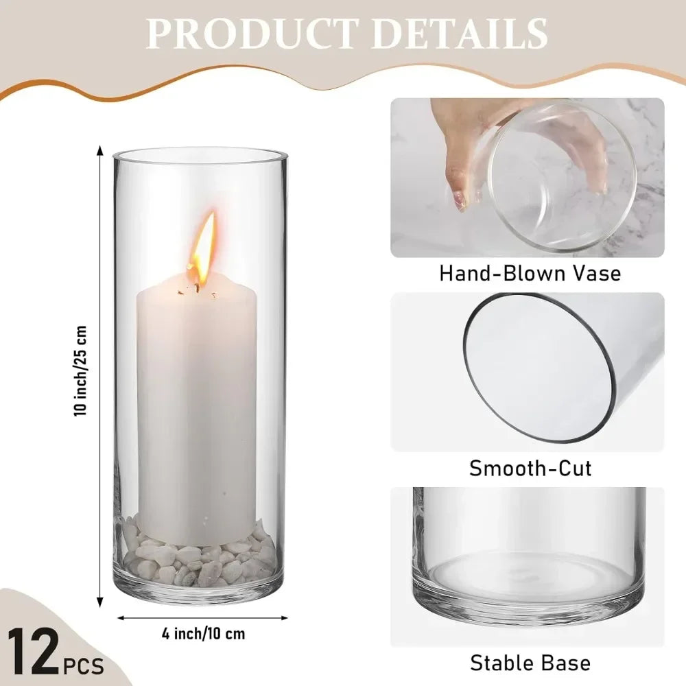 12 Pack Clear Glass Cylinder Vases Set        Clear Flower Vase Tall Floating Candle Holders Bulk for Centerpiece Table Home Room Decor