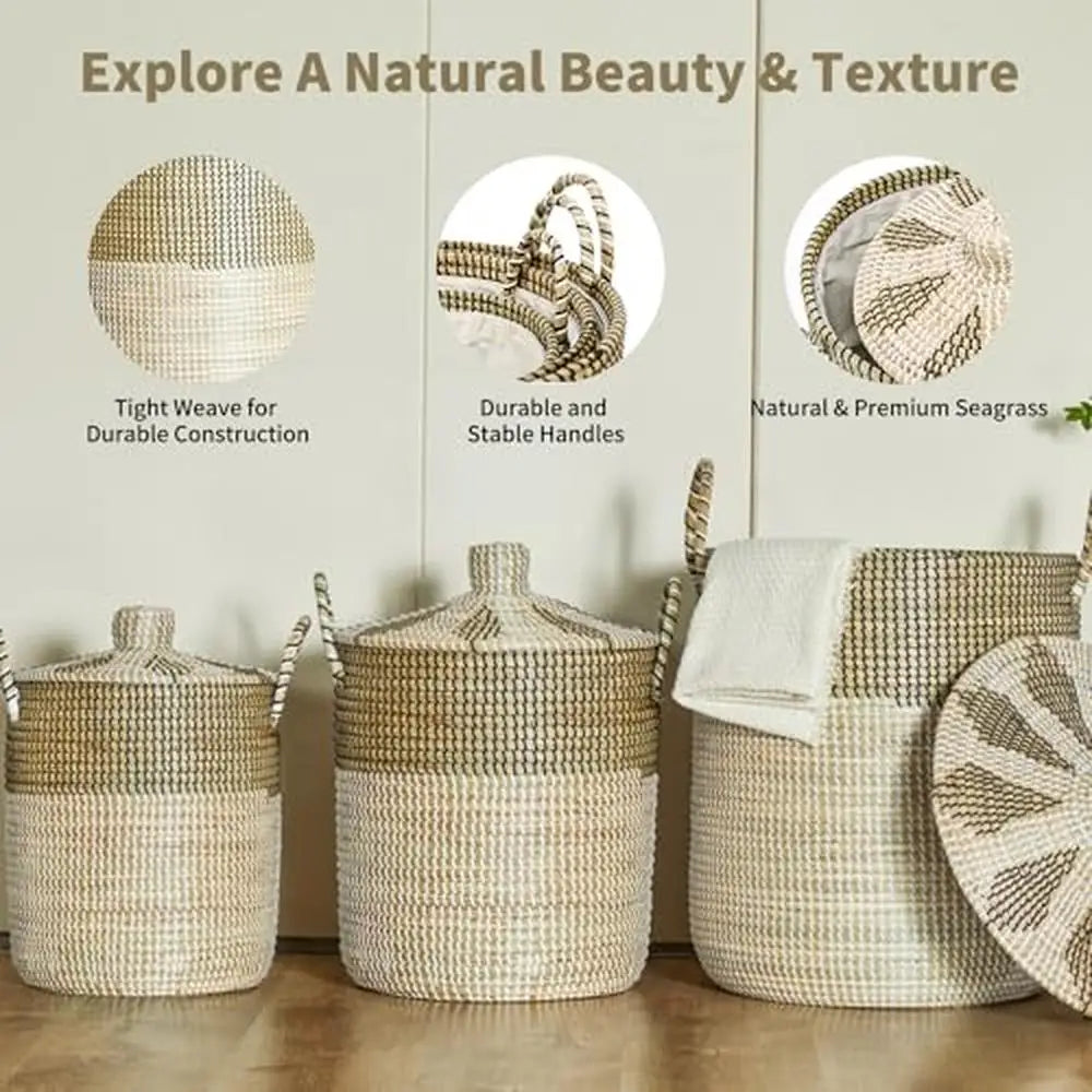 Set of 3 Handwoven Seagrass Laundry Baskets with Lid & Handles