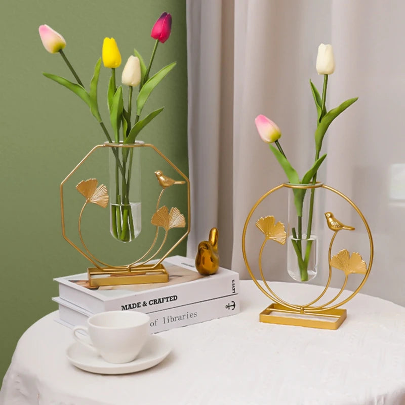 Golden Glass Test Tube Flower Vase with Flowers