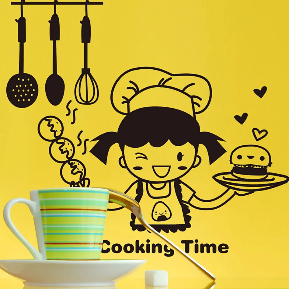 Cartoon Girl Cooking Kitchen Wall Sticker