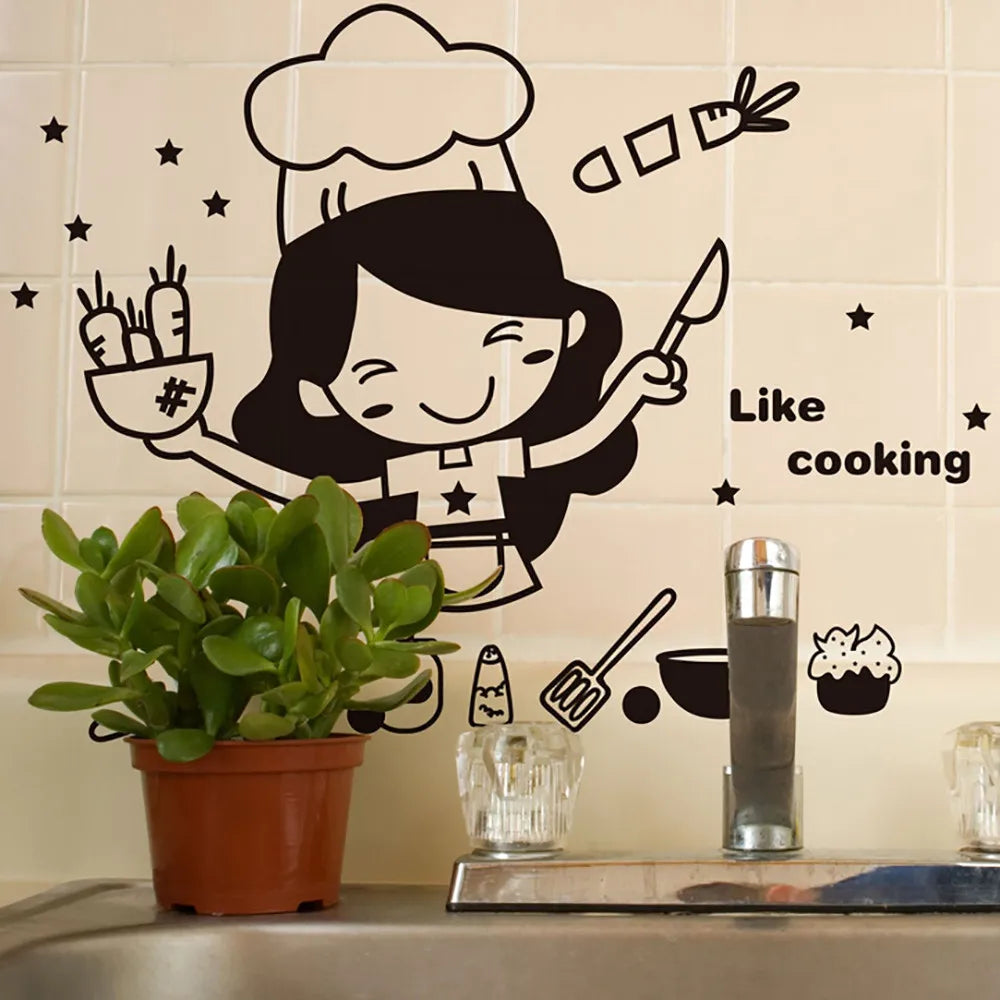 Cartoon Girl Cooking Kitchen Wall Sticker