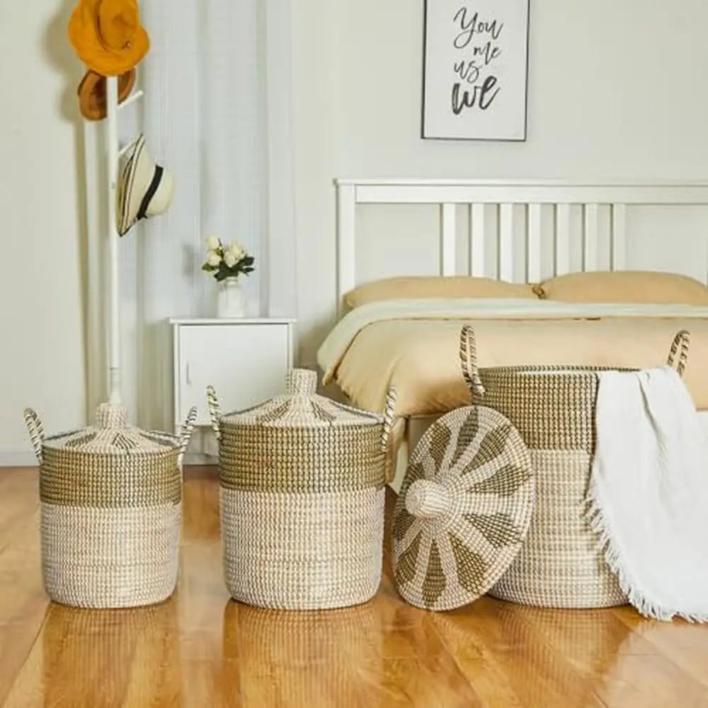 Set of 3 Handwoven Seagrass Laundry Baskets with Lid & Handles