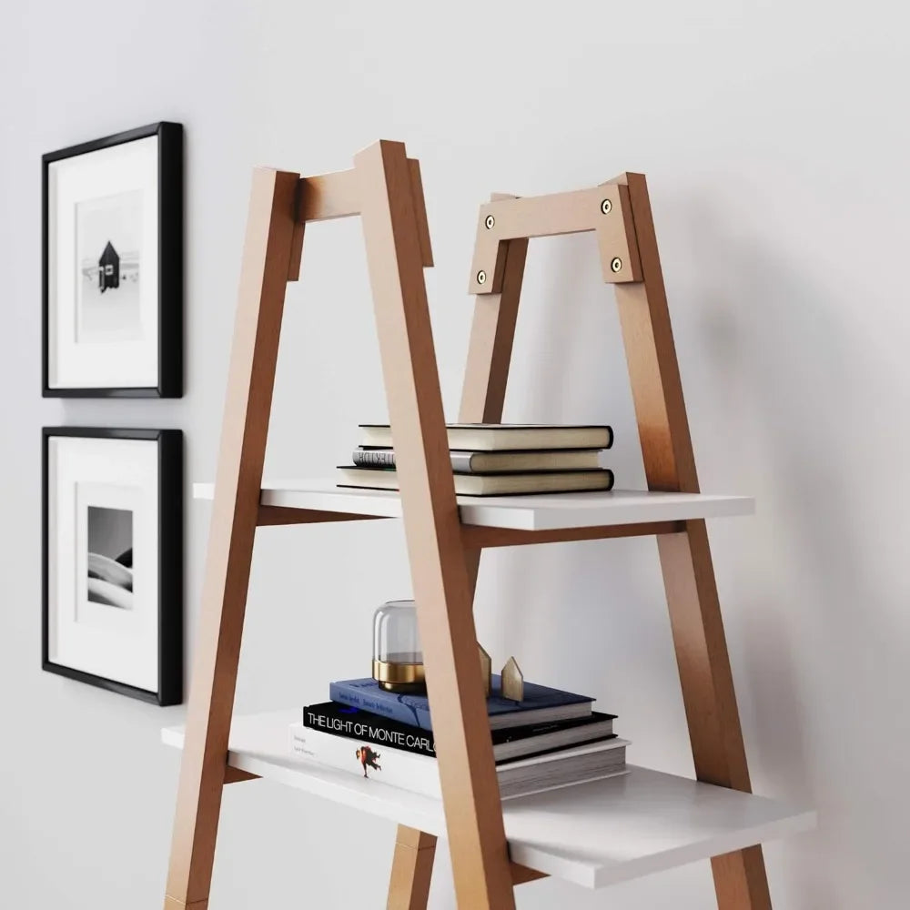 Decorative Storage Rack With White and Rove Brown Wooden Ladder Shelves