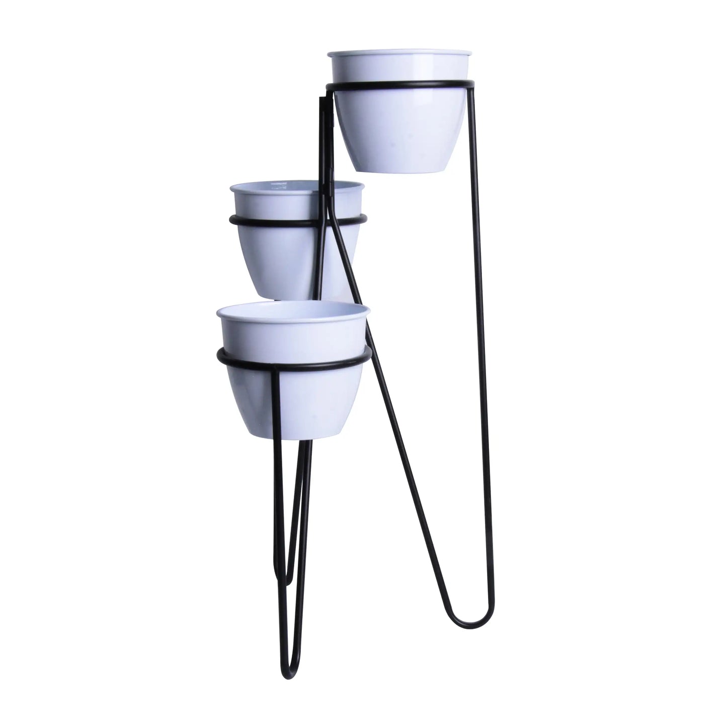 Triple Level White Round Plain Metal Planters with Black Metal Plant Stand, Plants Not Included