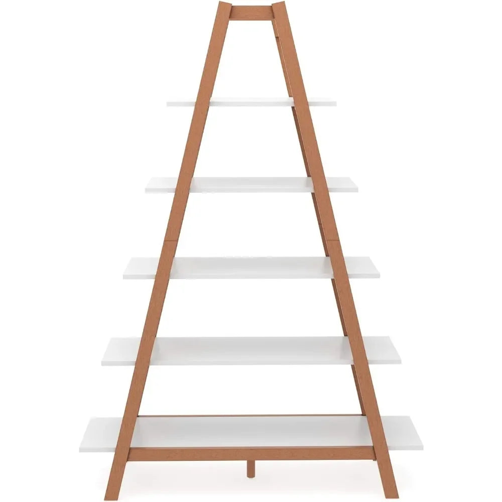 Decorative Storage Rack With White and Rove Brown Wooden Ladder Shelves