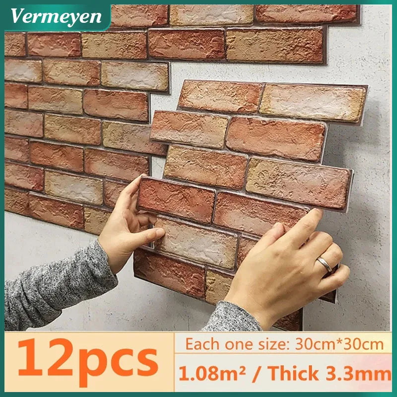 12pcs 3D Brick Wall Self-Adhesive Stickers