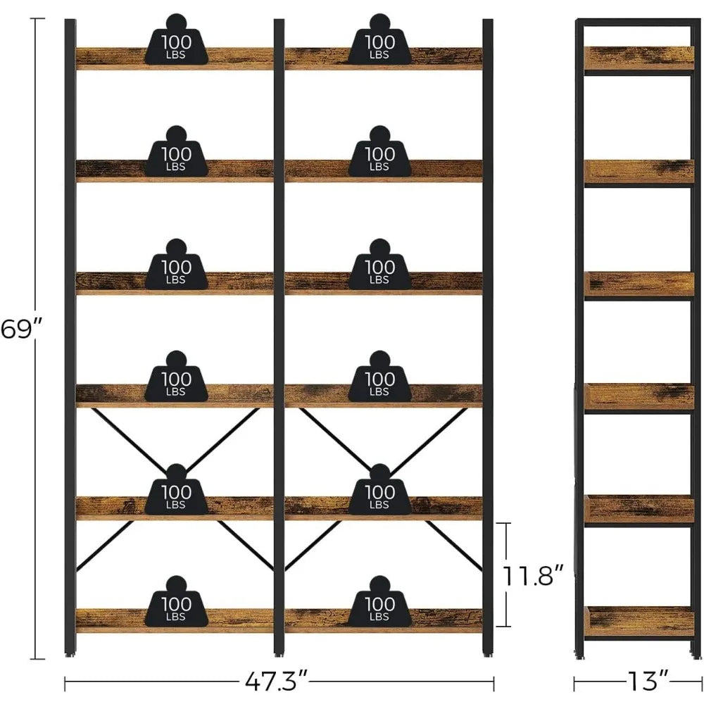 Bookcases  6 Tier with 4 Hooks, 69” Industrial Wooden