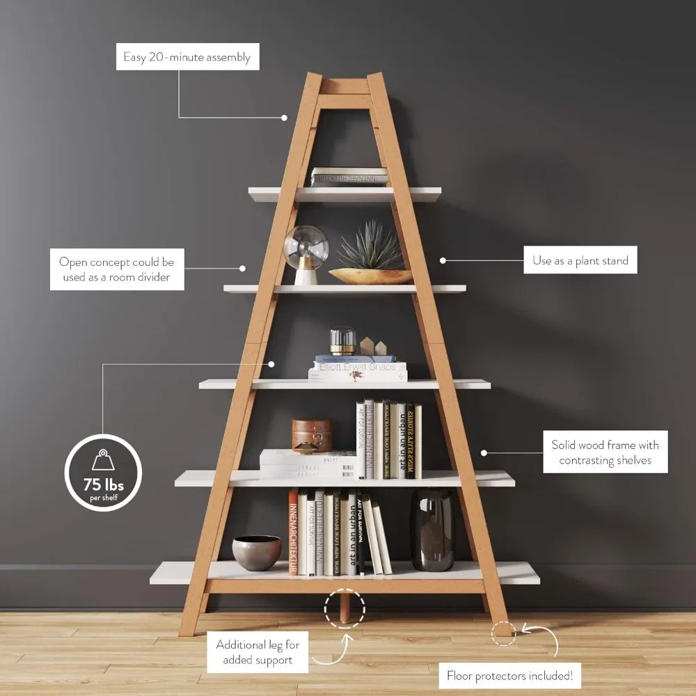 Decorative Storage Rack With White and Rove Brown Wooden Ladder Shelves